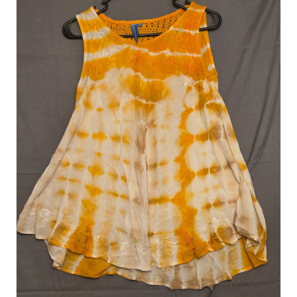 Aqua Blue Knit Back Top Women's Size Small Orange White Brown Boho Tye Dye